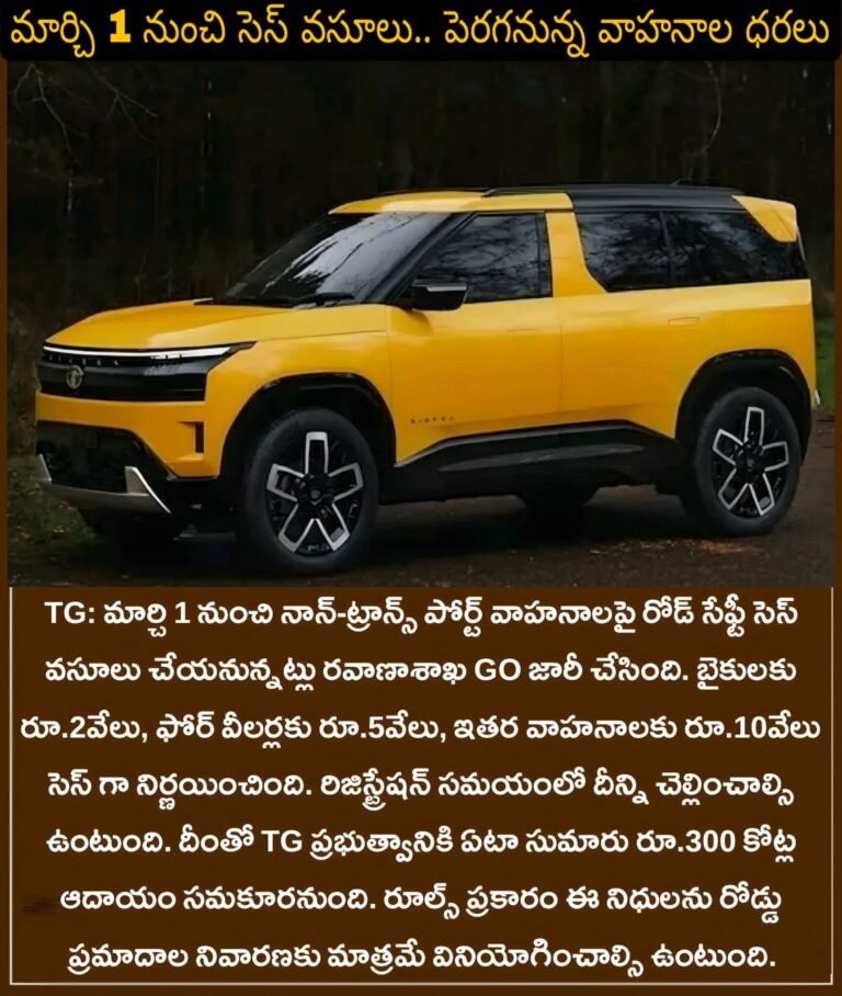 తెలంగాణలో మార్చి 1 నుంచి నాన్-ట్రాన్స్పోర్ట్ వాహనాలపై రోడ్ సేఫ్టీ సెస్ వసూలు చేయాలని ప్రభుత్వం నిర్ణయించింది. పెరుగనున్న వాహనాల ధరలు..